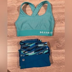 Under Armour teal blue sports bra & Fabletics blue workout crop pants
